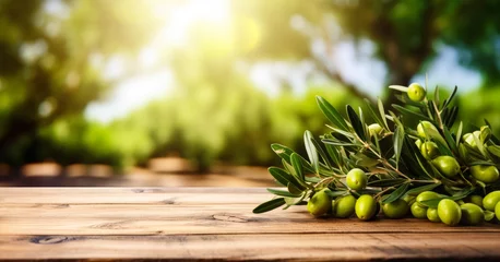 Fototapeten Empty rustic old wooden boards table copy space with olive trees in background, some fruits on desk. Product display template. Generative AI © Lubo Ivanko