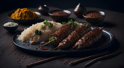 A plate of kebab and rice garnished with parsley, low light photography, AI generative