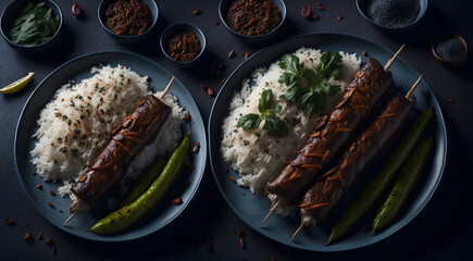 A plate of kebab and rice garnished with parsley