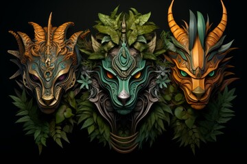 Three dragon masks with ornate details and surrounded by foliage, each depicting a unique color and design, set against a dark backdrop.