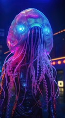  a close up of a jellyfish in a body of water with a neon light on it's head.