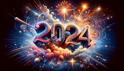Futuristic New Year 2024 Celebration: Vibrant Abstract Fireworks and Glowing Numerals