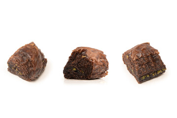 Turkish chocolate baklava isolated on white background.