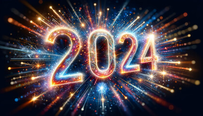 Futuristic New Year 2024 Celebration: Vibrant Abstract Fireworks and Glowing Numerals