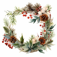 Christmas Watercolor Floral Wreath with foliage, flowers and berries