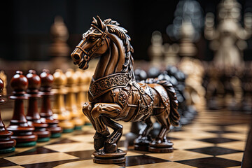 A close up of a chess board with a horse on it created with generative AI technology