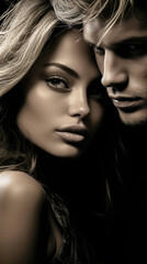 Man and woman. Tenderness and love. Black and white. Minimalism. Close-up.