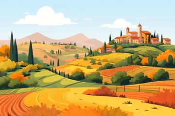 Fototapeten A cartoon landscape of an Italian village nestled among hills and fields adorned in autumn colors. © Rafiqul