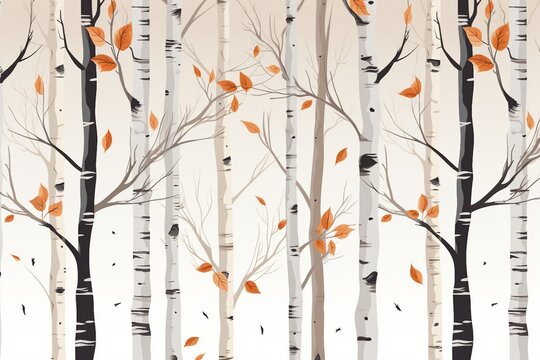 A seamless vector illustration pattern showcasing birch trees in autumn. Perfect for textile, wallpaper, or print design. © Rafiqul
