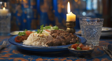 Fototapeta na wymiar Rice and kebab on royal blue plate and glass of water