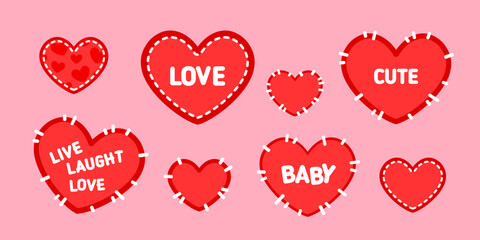 Cute Cartoon heart patch stickers collection with seam. Valentines Card in Heart shape with stitches and text love, cute, baby. Flat vector Red Heart shape patch