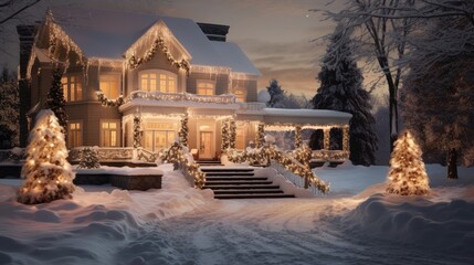 The house is decorated with lights for Christmas. glowing house decorated with lights on winter night background. - obrazy, fototapety, plakaty