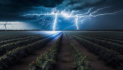 Blitzschutz bei Photovoltaikanlage auf Feld Bauern Solarmodule mit Blitz Blitzeinschlag Risiko Blitzschaden Versicherung Überspannung PV Anlage Erneuerbare Energien Gefahren Generative AI - obrazy, fototapety, plakaty