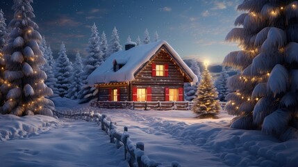 The house is decorated with lights for Christmas. glowing house decorated with lights on winter night background.