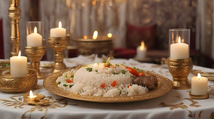 Fototapeta na wymiar Rice and kebab on the golden plate in a restaurant, white fabric on table, candles on the table