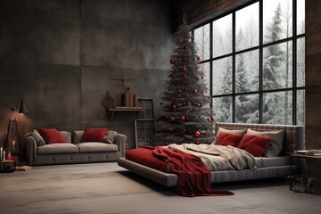 The unusual dark interior of the loft-style living room is decorated with a Christmas tree with red balls. interior in red and gray style.