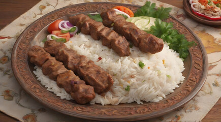 Rice and kebab plate in the restaurant, candle on table