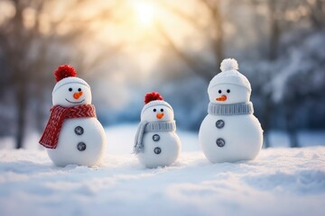 Obraz premium Family of snowmen on a winter background. Christmas background, funny snowmen on the snow. banner