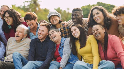 Group of happy multiracial people hugging each other outdoor while smiling in front of camera...