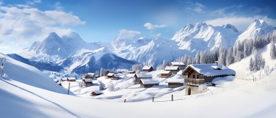 Panoramic view of beautiful winter wonderful mountain landscapes with a church. winter mountain...