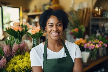 Smiling attractive black female Small business owner in her florist shop - obrazy, fototapety, plakaty