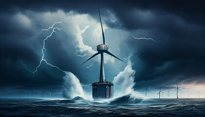 Offshore-Windpark Windrad Blitzeinschlag Blitz auf hoher See Schaden erneuerbare Energien Gefahren Versicherung Generative AI - obrazy, fototapety, plakaty