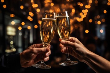 The clink of glasses of champagne in hands against a bright background of lights. New Year. glasses of beer or champagne.