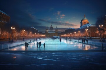 people skate on the skating rink in the winter evening. beautiful view of the skating rink with lights.. High quality photo