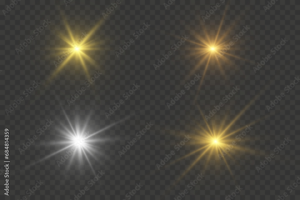 Poster Set of light effects golden glowing light isolated on transparent background. Solar flare with rays and glare. Glow effect. Starburst with shimmering sparkles.