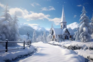 Foto op Canvas Panoramic view of beautiful winter wonderful mountain landscapes with a church. winter mountain landscape with lake. © inna717