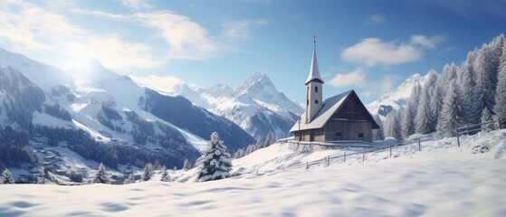 Panoramic view of beautiful winter wonderful mountain landscapes with a church. winter mountain landscape with lake. - obrazy, fototapety, plakaty