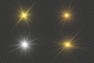 Set of light effects golden glowing light isolated on transparent background. Solar flare with rays and glare. Glow effect. Starburst with shimmering sparkles.