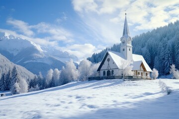 Panoramic view of beautiful winter wonderful mountain landscapes with a church. winter mountain landscape with lake.