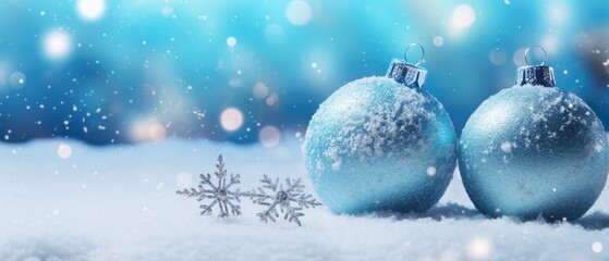 Christmas balls and snowflakes on an abstract blue background. Christmas balls on the snow.banner