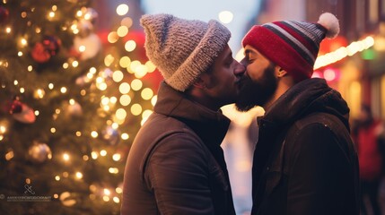 Gay couple kissing at Christmas on the square near the Christmas tree.Christmas gift in front of the Christmas tree,LGBTQ concept