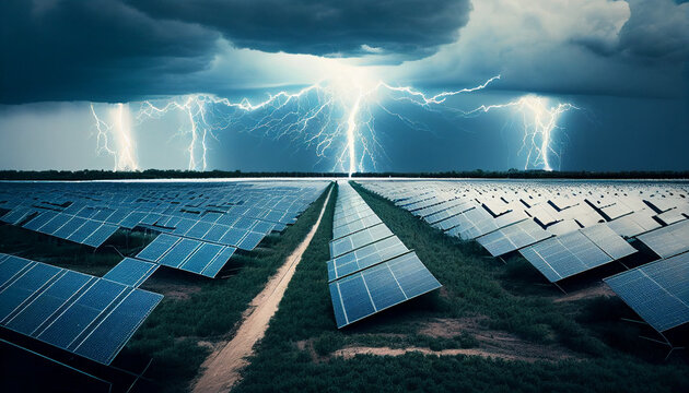 Blitzschutz bei Photovoltaikanlage auf Feld Bauern Solarmodule mit Blitz Blitzeinschlag Risiko Blitzschaden Versicherung Überspannung PV Anlage Erneuerbare Energien Gefahren Generative AI