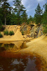 las i żółte skały odbicie w wodzie, forest and yellow rocks reflected in the water, krajobraz, las i żółte skały nad wodą, niebieskie niebo, widok   © kateej