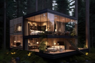 self-sustainable house located in the middle of a forest.