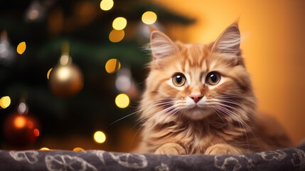 cat and christmas tree background