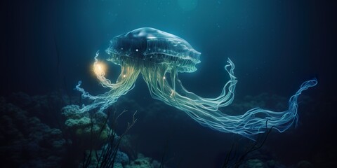 A bioluminescent deep-sea creature, captured in the dark ocean depths, glowing with an eerie light amidst the mysterious underwater landscape