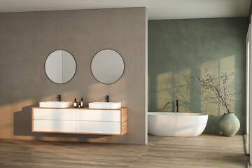 Modern bathroom interior with soil tone and green color walls, parquet floor, double sink, bathtub, plant.