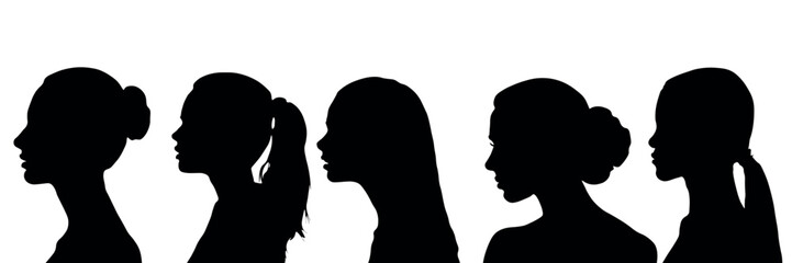 Set of black silhouettes of girls on a white background