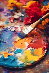 Fototapeta premium A close-up of a painter's palette with vibrant oil paints and a paintbrush, capturing the creative process and the texture of the paint