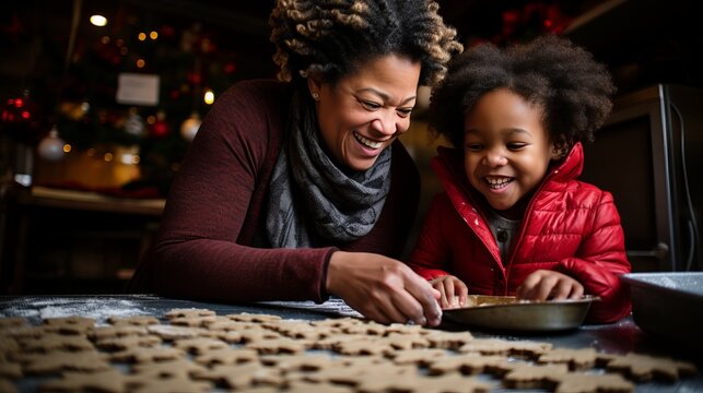 Mother And African American Daughter Bonding On Christmas, Baking Cookies Joyfully