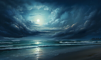 sea view, night painted landscape, night sky, nature wallpaper, picturesque landscapes - obrazy, fototapety, plakaty
