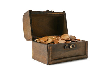 Old chest with treasures isolated on white background