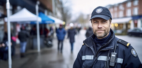 Fototapeta premium Man working as police officer or cop, closeup portrait, blurred city background. Generative AI