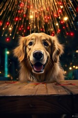 A golden retriever with a distressed expression, as the sound of New Year's fireworks. Noise pollution