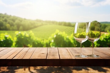 An empty wooden tabletop with a glass of wine on a vineyard background, providing copy space.