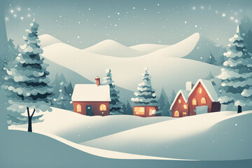 Merry Christmas card with a house on a snowy winter night. Cartoon illustration. Happy New Year
